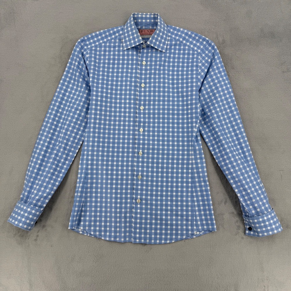 Thomas Pink Gingham Cotton Button Down Shirt Mens Small 14.5 US Blue White - Picture 2 of 14
